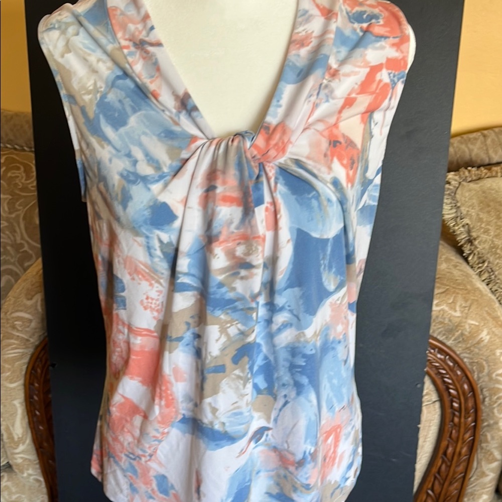 Calvin Klein Red and Blue Ruched Sleeveless Blouse